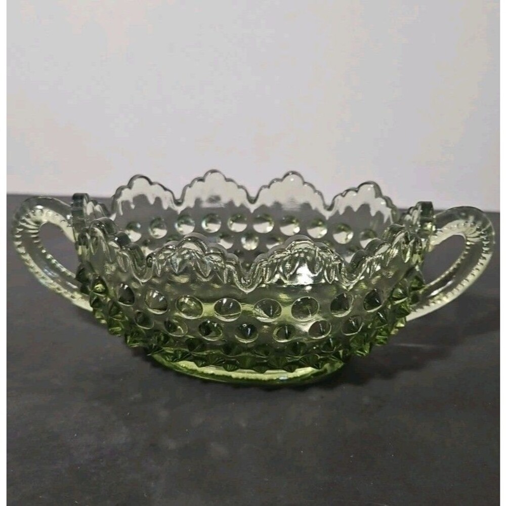 Vintage Fenton 2-Handled Sugar Bowl Colonial Green Hobnail Trinket #FNT209